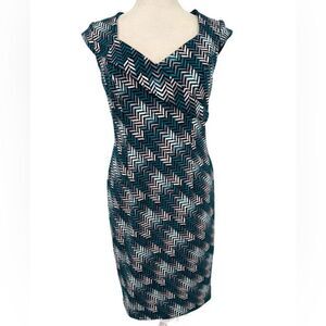 White House Black Market Dress Teal Cap Sleeve Knee Length Chevron Size 10